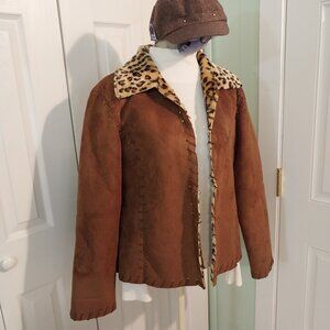 3550 Size M/Large Me chant Fun Fur Brown And Gold Animal Print Jacket.